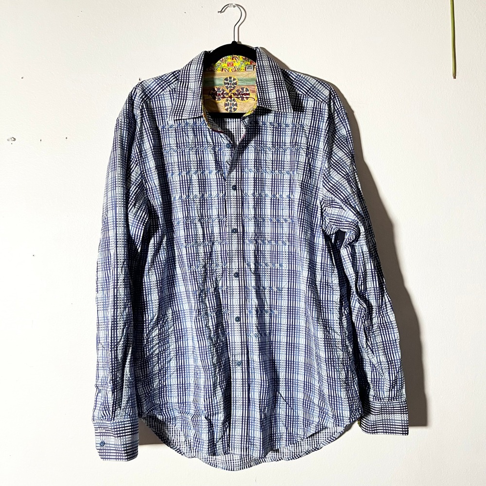 Robert Graham Button Shirt Mens XL Blue Plaid Embroidered Silk Trim